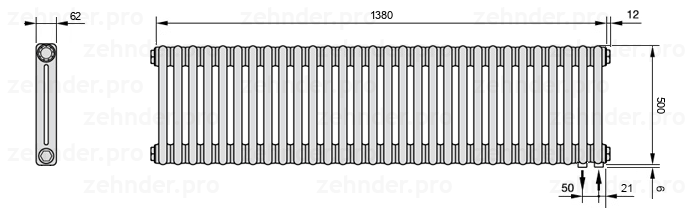Схема (чертеж) Радиатор Zehnder Charleston 2050/30 №5510 Белый глянцевый RAL 9016